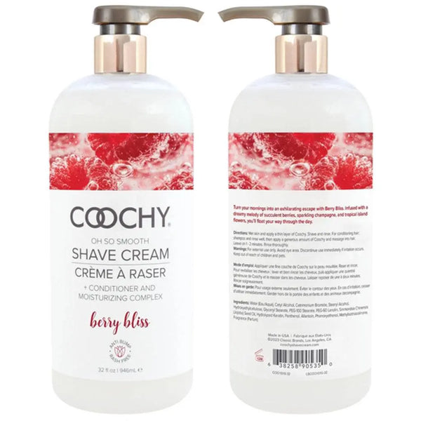 Front and back views of Coochy Berry Bliss Shave Cream 32oz with conditioner complex