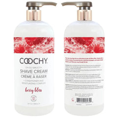 Front and back views of Coochy Berry Bliss Shave Cream 32oz with conditioner complex
