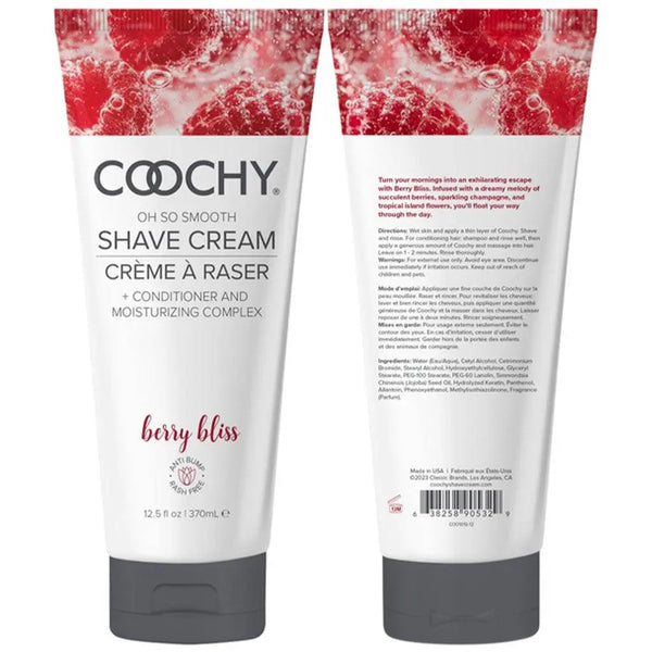 Front and back views of Coochy Berry Bliss Shave Cream tube displaying full product details