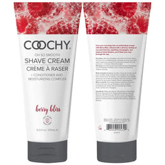 Front and back views of Coochy Berry Bliss Shave Cream tube displaying full product details