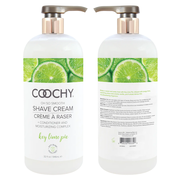 Front and back views of Coochy Key Lime Pie Shave Cream 32 oz bottle with conditioner complex