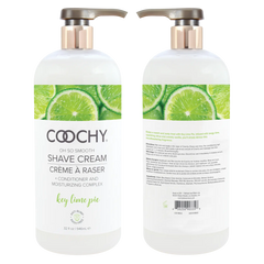 Front and back views of Coochy Key Lime Pie Shave Cream 32 oz bottle with conditioner complex