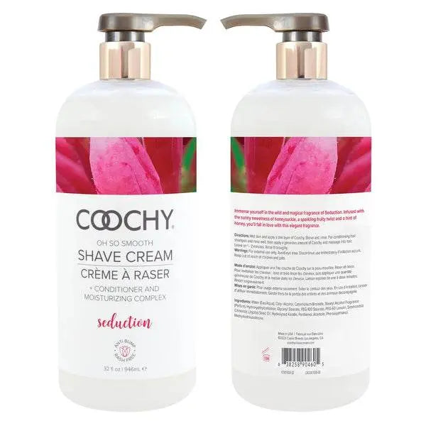Front and back views of Coochy Seduction Shave Cream 32 oz pump bottle side by side