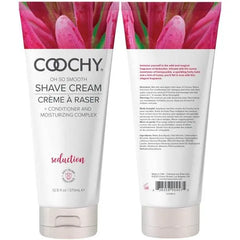 Front and back views of Coochy Seduction Shave Cream 370mL tube with conditioner and moisturizing complex