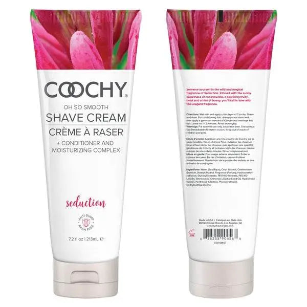 Front and back views of Coochy Shave Cream Seduction 7.2 oz tube displaying full label and product details