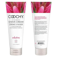 Front and back views of Coochy Shave Cream Seduction 7.2 oz tube displaying full label and product details