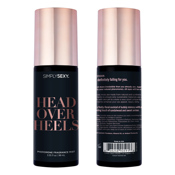 Front and back views of Head Over Heels pheromone mist showing full packaging design, 3.35 fl oz