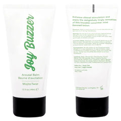 Front and back views of Joy Buzzer Mojito Twist tube revealing cucumber mint flavored lotion label