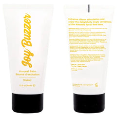 Front and back views of Joy Buzzer Naked Arousal Balm white tube side by side