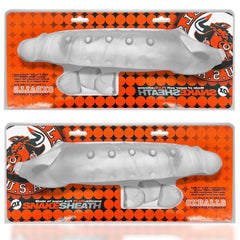 Front and back views of Oxballs SnakeSheath packaging on orange dotted background