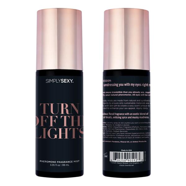 Front and back views of Simply Sexy Turn Off The Lights 99 mL pheromone body mist side by side