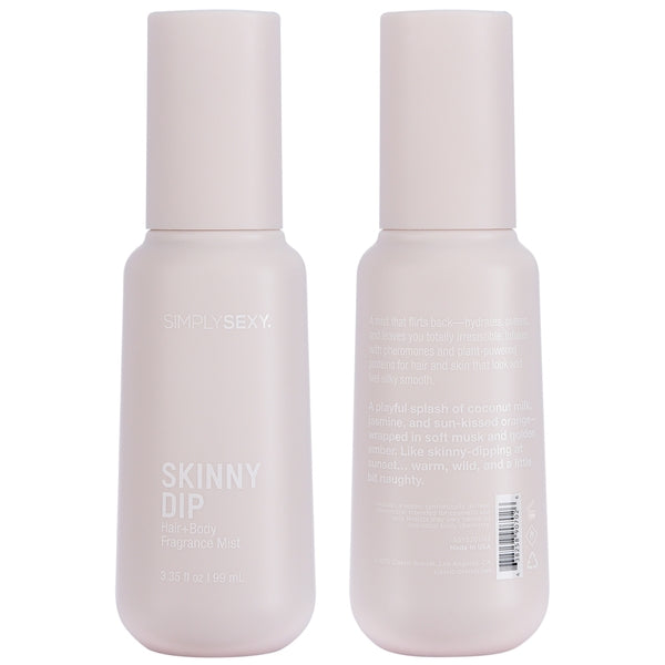 Front and back views of Skinny Dip fragrance mist side by side showing full bottle design