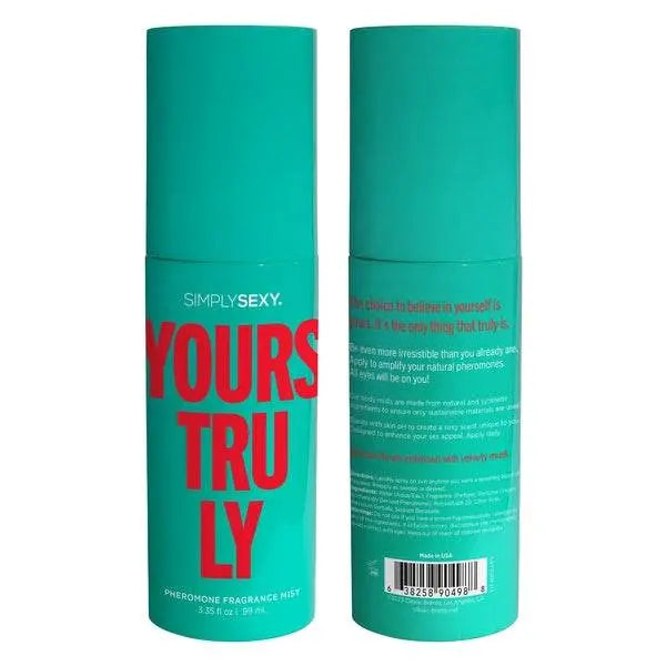 Front and back view of Yours Truly pheromone mist showing full teal tube and label text