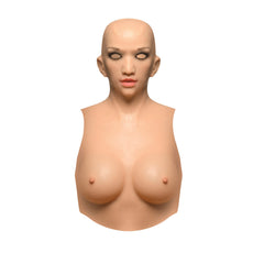 Front view of bare silicone head and C-cup breast form showing realistic skin tone finish