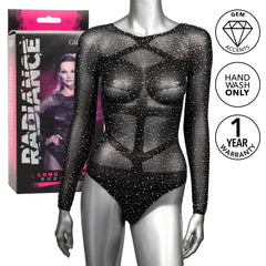 Front view of black gem-accent mesh bodysuit on mannequin beside Radiance box; hand wash only