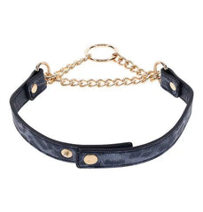 Front view of black leopard-print day collar showing gold martingale chain detail