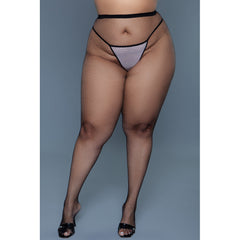 Front view of black queen-size fishnet pantyhose with built-in G-string lining detail