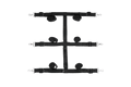 Front view of black restraint straps laid flat showing adjustable buckle and D-ring hardware
