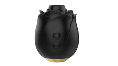 Front view of black rose stimulator displaying two circular control buttons on body
