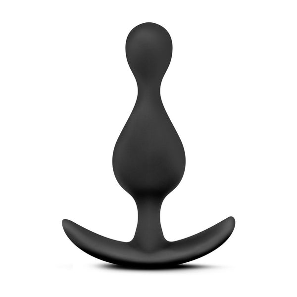 Front view of black silicone anal plug displaying tapered shape and curved anchor base