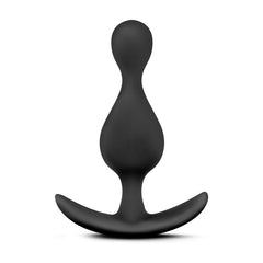 Front view of black silicone anal plug displaying tapered shape and curved anchor base