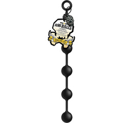 Close-up front view of black silicone Ass Ballz beads with retrieval loop top