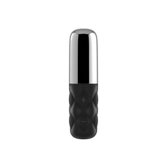 Front view of black Sparkling Darling vibrator with quilted grip and mirrored silver cap