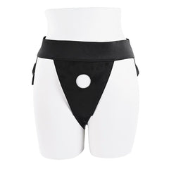 Front view of black strap-on harness showing O-ring opening for dildo attachment