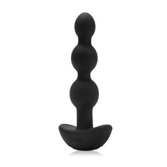 Front view of black three-bead silicone anal plug with curved anchor base