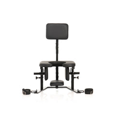 Front view of black vegan leather Pleasure Throne Oral Sex Chair with ankle cuffs attached