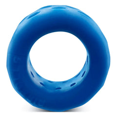 Front view of blue Airballs silicone ball stretcher showing ergo ring opening