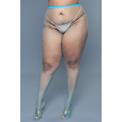 Front view of Can't Back Down Pantyhose showing turquoise fishnet coverage and clear heel mules