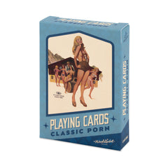 Front view of Classic Porn Playing Cards blue box featuring vintage pin-up illustrated cover art