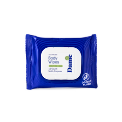 Front view of Dame Aloe Body Wipes 12-count resealable flip-top pack with do-not-flush icon