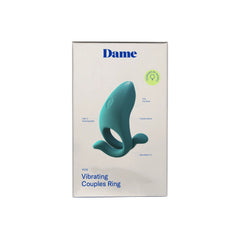 Front of Dame Hug box showing Vibrating Couples Ring label, flexible motor and adjustable fit callouts