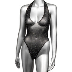Front close-up of deep-V halter bodysuit showing sheer black mesh fabric scattered with rhinestone accents