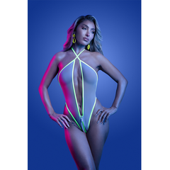Front detail of white teddy bodysuit with neon yellow glow trim and deep V zipper