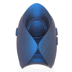Close-up front view of Dragon Eye blue metalite masturbator showing embossed crown logo detail