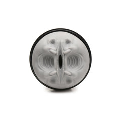 Front-entry view of translucent silicone stroker sleeve showing symmetrical textured inner tunnel