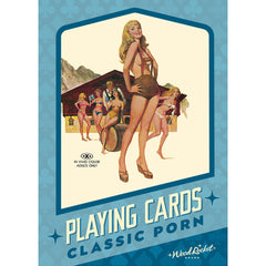 Front face of Classic Porn Playing Cards box with retro illustrated pin-up scene and Wood Rocket branding
