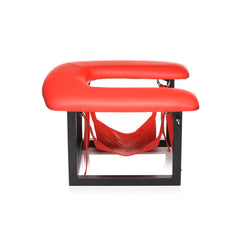 Front view of Face Rider Queening Chair with red fabric sling suspended between frame legs