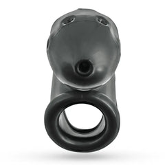 Front-facing view of Airlock chastity device showing tip drain hole and base ring detail