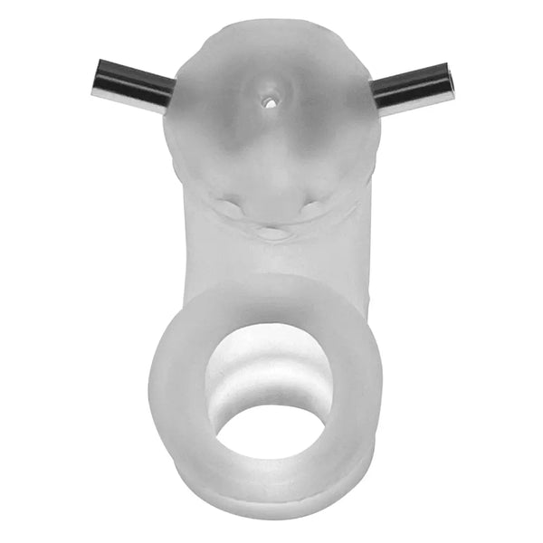 Front-facing view of Airlock Electro chastity cage showing integrated base ring and dual top-mounted contact pins