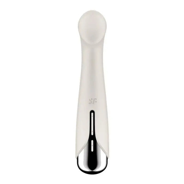 Front-facing view of beige G-spot vibrator displaying illuminated control panel and SF branding