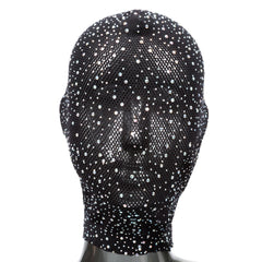 Front-facing view of black stretchy mesh full hood with scattered rhinestone accents on mannequin