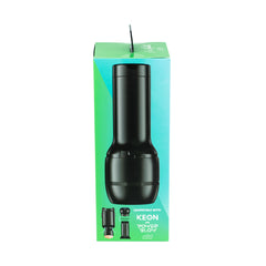 Front-facing black stroker case beside open retail box showing Keon and PowerBlow compatibility logos