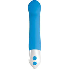 Front-facing view of blue G-spot vibrator with dual circular buttons on silver handle