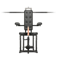 Front-facing Enforcer Chair with crossbar straps and realistic dildo centered on split seat