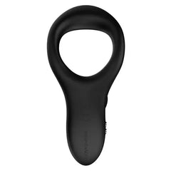 Front-facing flat lay of Diamo black silicone cock ring highlighting dual-loop ergonomic shape