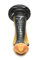 Front-facing view of Golden Mamba dildo displaying black and gold dual-tone scale texture pattern